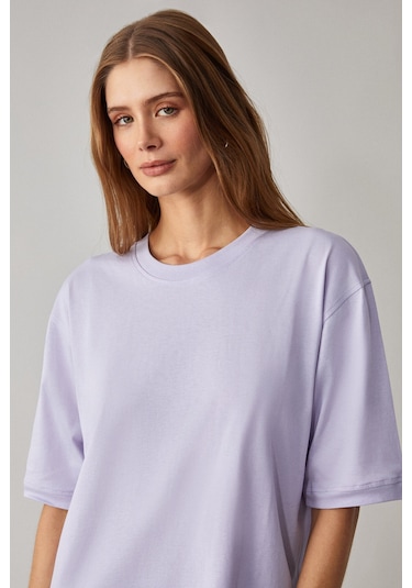 Jemmy  Kadın %100 Organik Pamuk Relaxed Fit Yırtmaçlı Yuvarlak Yakalı Lila T-Shirt