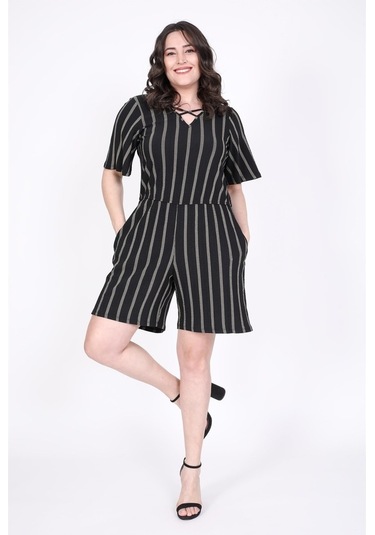 Myline Kadın Ön Çapraz Detaylı Kısa Tulum 45728 Siyah