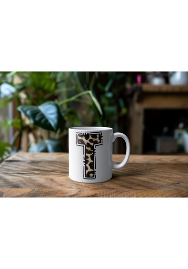 T Baş Harf Leopar Desenli Kupa Bardak - Kişiye Özel Feminen Konsept Hediye - Vahşi Hayvan Desenli Beyaz