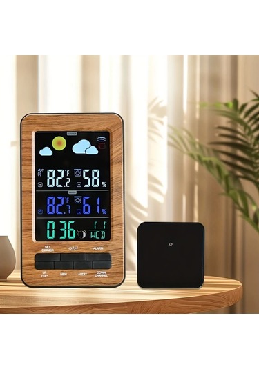 Motion003 Geniş Lcd Dijital Hava İstasyonu Dış Sensörlü Atomik Saat Sıcaklık Nem Monitörü Kahverengi