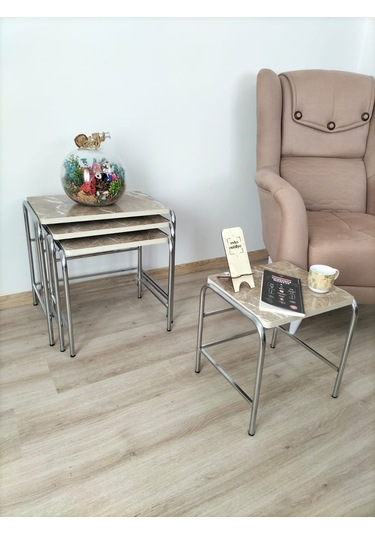 Evko Mobilya Buket Sehpa, 4'lü Zigon Sehpa, Dörtlü, Krom-kapiçino