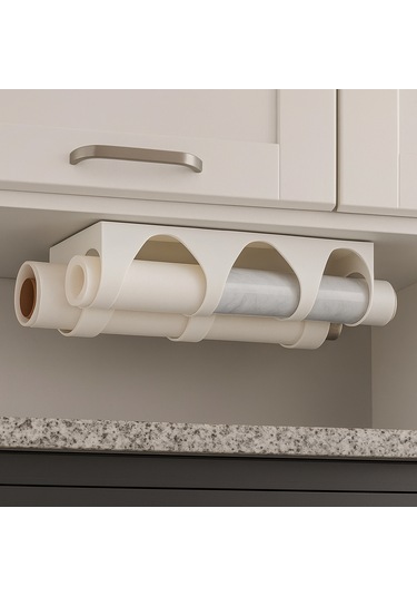 Mutfak Rulo Tutucu 2 Gözlü Pişirme Kağıdı - Alüminyum Folyo Vs Rulolarınızı Düzenler 1 Adet Beyaz