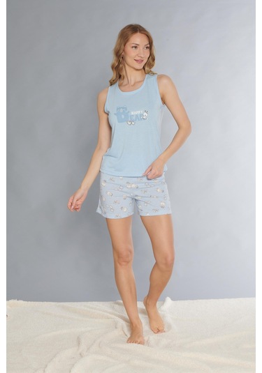 Dowry Askılı Şort Takım - Sevimli Desenli Yazlık Viskon Pijama Dowry 06-67 Mavi