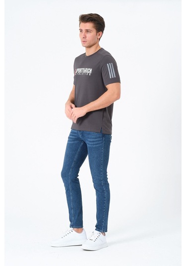 Erkek Bisiklet Yaka Basic Baskılı T-şhirt Gri