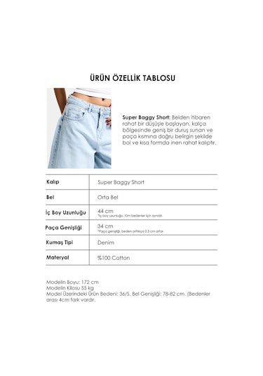 Itsbasic Kadın Ice 4s6-3 Süper Baggy Fit Maxi Boy Bermuda Denim Şort Ice Rengi