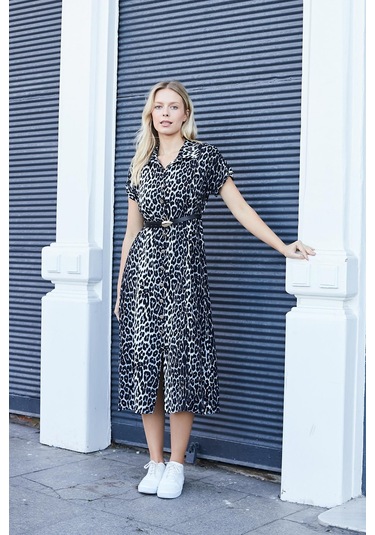 Kadın Desenli Yakalı Düşük Omuzlu Duble Kol Kemerli Midi Boy Elbise Deri Kemer Dahil -antrasit Leopar Antrasit Leopar