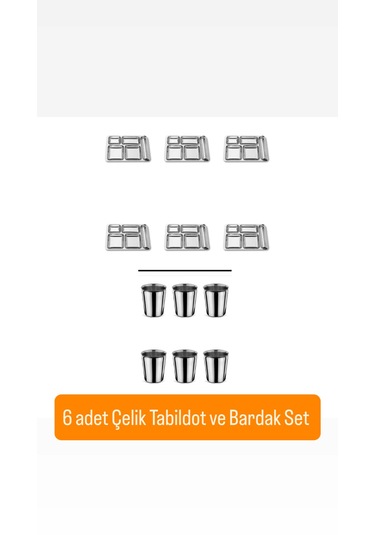 12 Parça Piknik Kahvaltılık Çelik Tabildot Set 6 Adet Tabldot ,6 Adet Bardak gümüş