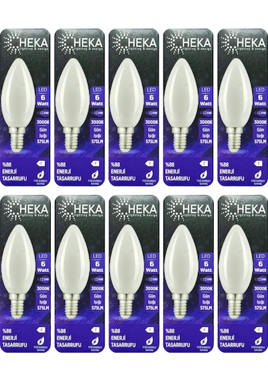10 Adet Heka 6w 51w 3000k Günışığı E14 Duylu İnce Duy Soft Mum Ampul