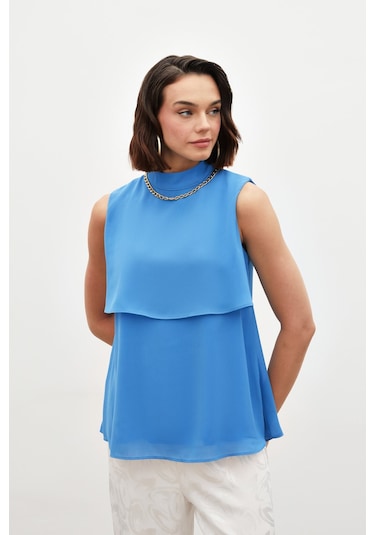 Sateen Aksesuar Detaylı Volanlı Bluz - Mavi