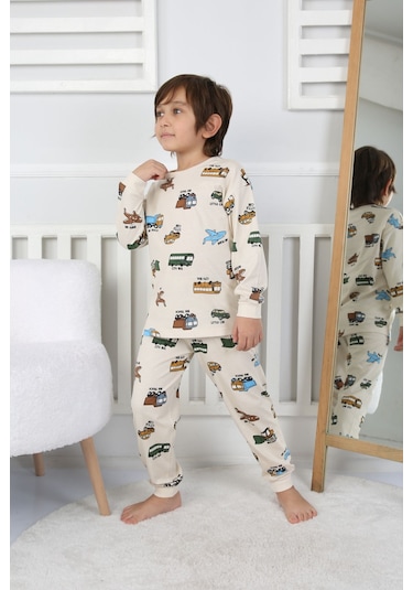 Transportation Veichle Desenli Çocuk Pijama Takımı Alt-üst Bej 3-8 Yaş Bej