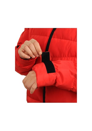 Freemen Kadın Kırmızı Kapüşonlu Polarlı Kürklü Su Geçirmez Rüzgara Dayanıklı Şişme Mont Kırmızı