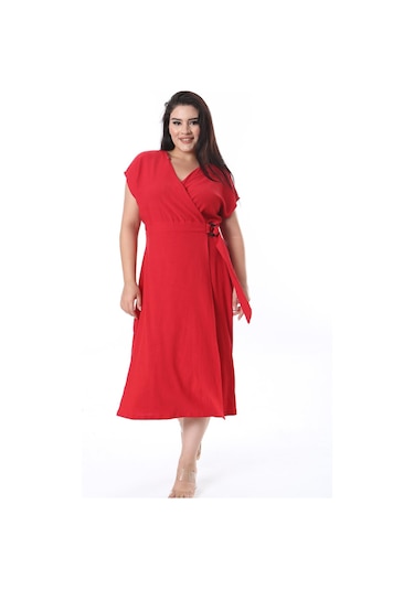 Kadın Büyük Beden Kırmızı Bürümcük Kumaş Beli Tokalı Anvelop Elbise 65n38314-kırmızı Kırmızı