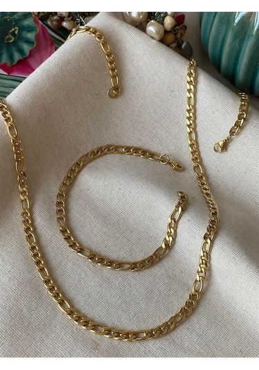 Saat Farkı Gold Figaro Model Çelik Unisex Kolye Ve Bileklik Set 2,5mm Gold