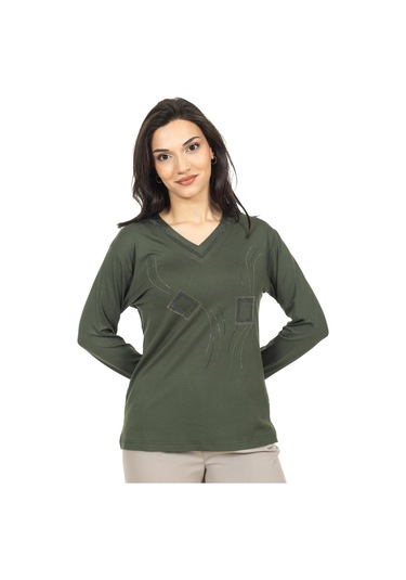 Kadın Orta Yaş Ve Üzeri Yeni Model V Yaka Taş İşlemeli Anne Penye Bluz 30560-haki Yeşili Haki Yeşili