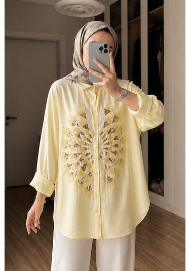 Kahijab Rose Boncuk İşlemeli Gömlek - Sarı
