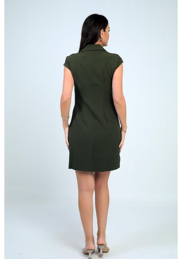 Kadın Kruvaze Yaka Toka Detaylı Eteği Pileli Likralı Krep Elbise-40381 Haki