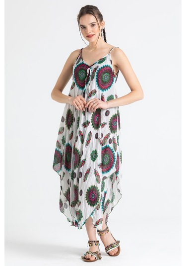 Askılı Vual Afrodit Midi Boy Elbise Yeşil-beyaz 6197 - Kadın Beyaz - Yeşil