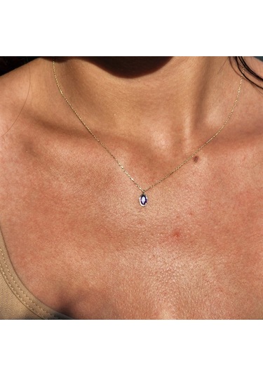 0,50 Ct Safir Mavi Sade Minimal Tasarım Tarz 14 Ayar Altın Doğal Taşlı Kolye-zümrüt Altın Kolye