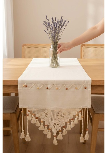 Dantel İşlemeli Boncuklu Runner 50x130 Cm Krem