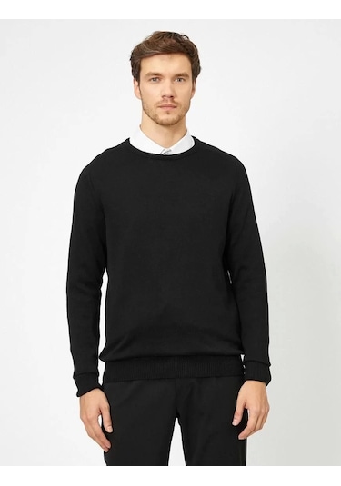 Blacktree Unisex Uzun Kol Biskilet Yaka Dokuma Triko - Siyah Siyah