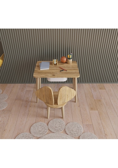 Fahrettin Küçük Montessori Çocuk Masası Oyun Masası Aktivite Masası Çalışma Masası Çekmeceli Sandalyeli Açık Çam