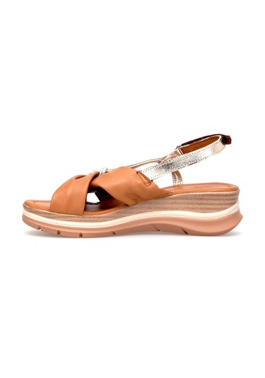 Elit Zeyn 8066 Kadın Hakiki Deri Dolgu Topuk Sandalet Taba Taba