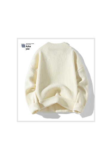 Yarım Balıkçı Yaka Düğmeli Kıvrık Etekli, Her Mevsime Uygun Erkek Kazağı Bej