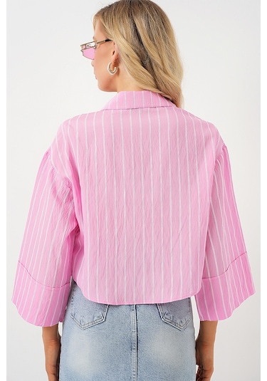 Bigdart Kadın Çizgili Oversize Kısa Gömlek 20326 - Pembe