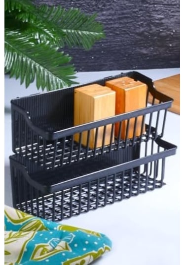 Kitchen 2 Adet Yapışkanlı Çok Amaçlı Banyo - Mutfak Rafı Plastik Şampuanlık Organizeri Siyah Siyah