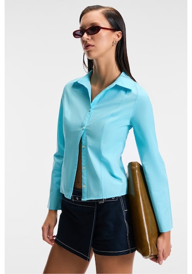 GRINNE Kadın Slim Gömlek Yaka Uzun Kollu İnce Uzun Mavi Gömlek