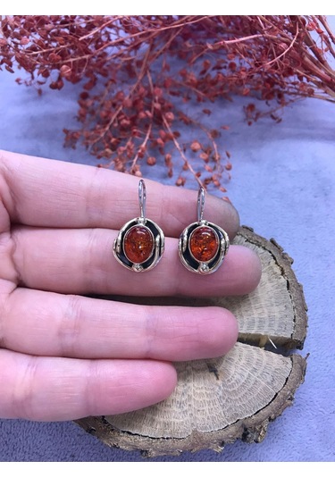 Nisa Gümüş Kehribar Taşlı Gümüş Küpe 925 Ayar N11.65661