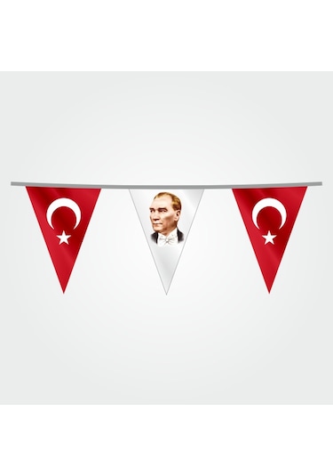 İpe Dizili Süsleme Üçgen Ata Ve Türk Bayrağı 25 Metre Tek Ebat