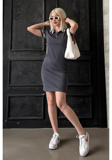 Madmext Füme Polo Yaka Şerit Detaylı Kadın Elbise Mg2344