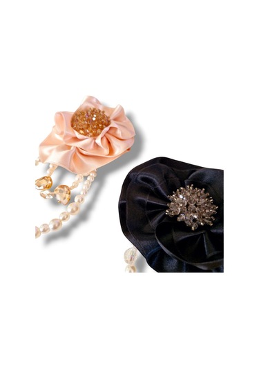 2 Li Pudra Ve Siyah Saten Gül Broş, Yaka İğnesi, Yaka Çiçeği Pudra