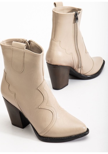 117 Bej Kovboy Dikiş Detaylı Fermuarlı Yüksek Topuklu Günlük... Bej