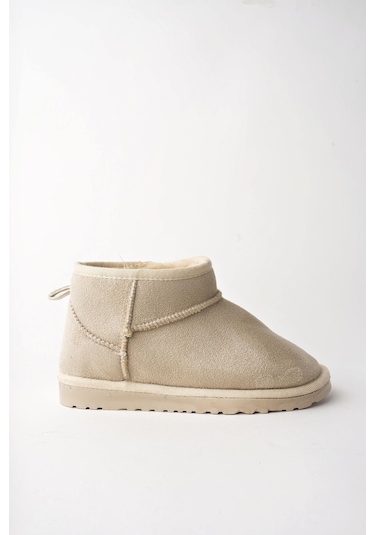 Muggo Snow Garantili Unisex Çocuk Kalın Taban İçi Tüylü Günlük Mini Yarım Bot Bej