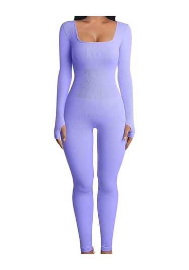 Danrimaoyi Kadın Avrupa Ve Amerika Sonbahar Ve Kış Yeni Varış Dişli Kare Yaka Slim Fit Tulum Mor