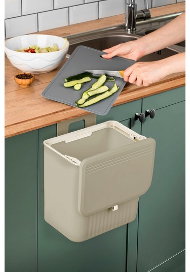 15 Lt Çift Yöne Açılabilen Kapaklı Dolap Askılı - Tezgah Üstü Mutfak Banyo Lavabo Çöp Kovası Latte