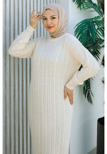 Brc2440ekru-bisiklet Yaka Örme Triko Elbise Ekru