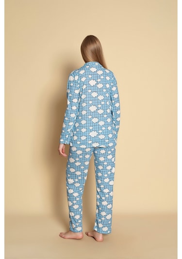 Kadın Gömlek Bulut Desenli Uzun Kol Pijama Takımı Mavi