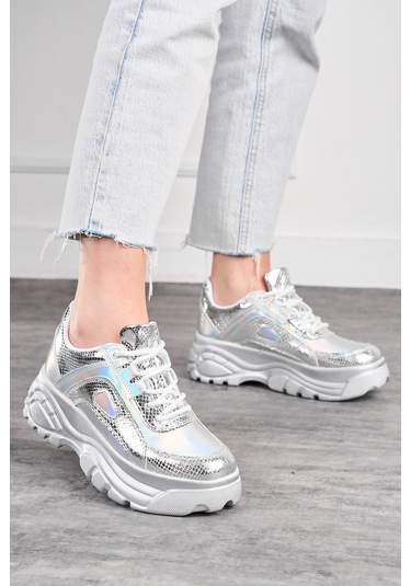 Günlük Kadın Spor Ayakkabı Yüksek Kalın Taban 6 Cm Suni Deri Sneaker 001 Gümüş