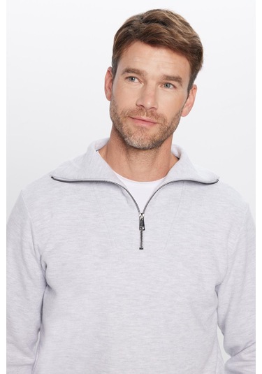 Unisex Relax Fit Rahat Kesim Fitilli Desenli Pamuklu Yarım Fermuarlı Gri Dik Yaka Sweatshirt-31991 Gri