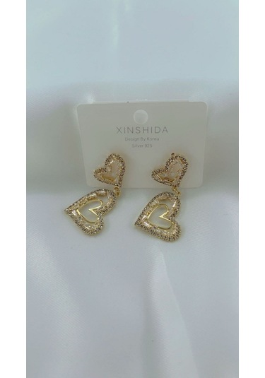 Kadın Kalp Zirkon Model Sallantılı Küpe Gold Renk Gold