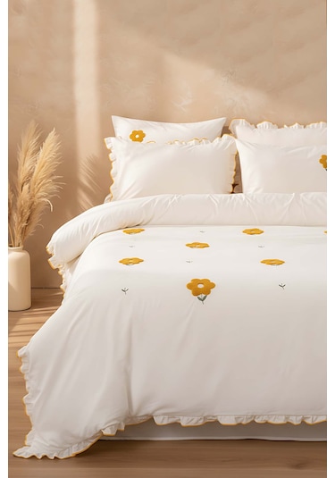 Florita Sarı Çift Kişilik Nakışlı 6 Parça %100 Pamuklu Nevresim Takımı & Çeyiz Seti