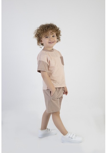 Erkek Çocuk Kahve Desen Kısa Kollu Şortlu Basic Alt Üst Takım 001