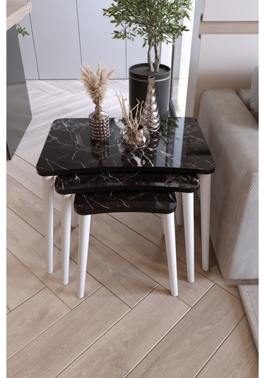 Zuesse Dizayn Beyza 3lü Zigon Sehpa & Yan Sehpa Beyaz Ahşap Ayaklı Salon Seti Çay Sehpası - Siyah Mermer