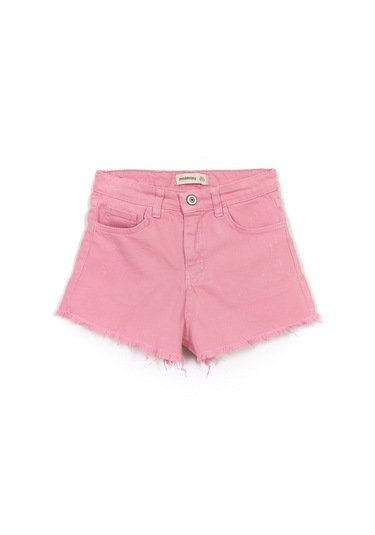 Cep Detaylı Pembe Renk Kız Çocuk Eskitme Paça Kot Denim Jean Şort Pembe