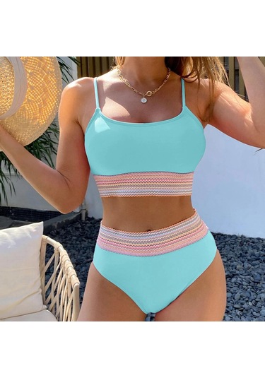 Mayo Kadın Halter Boyun Bölünmüş Üçgen Yüksek Bel Düz Renk Sling Bikini Setleri Camgöbeği