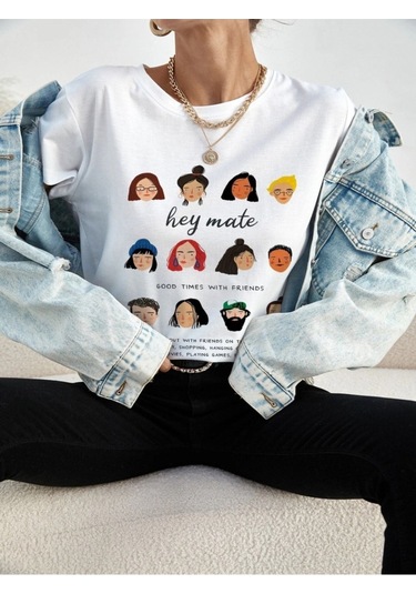 Kadın Beyaz Oversize Hey Mate Baskılı T-shirt Beyaz-67174