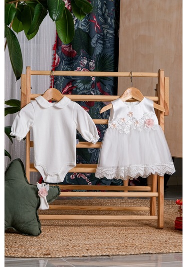 Şimli Çiçekli Dantelli Badili Bandanalı Bebe Mevlütlük Kız Elbise SOMON